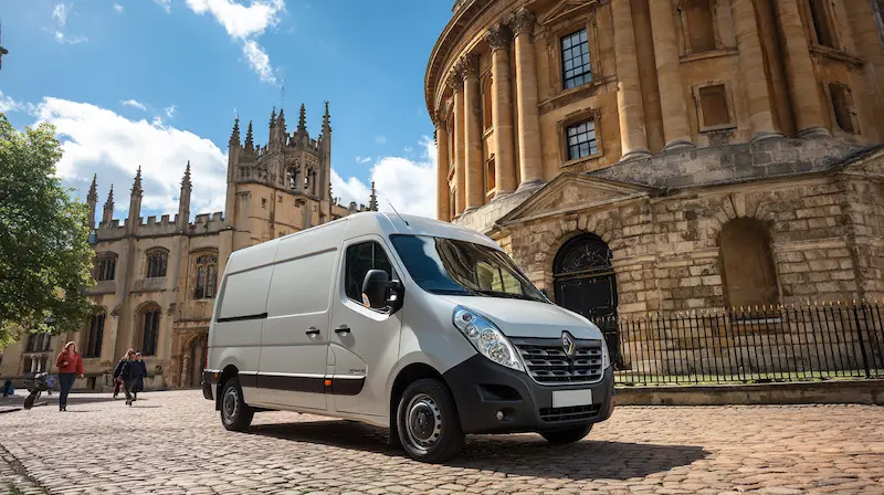 lpv_removals_oxfordshire_student_removals_01 Student removal van parked outside Oxford University college for professional moving services
